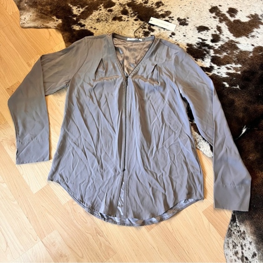 NEW ELAINE KIM Grey Quorgan Silk‎ Zip Blouse Long Sleeve Size Large NWT